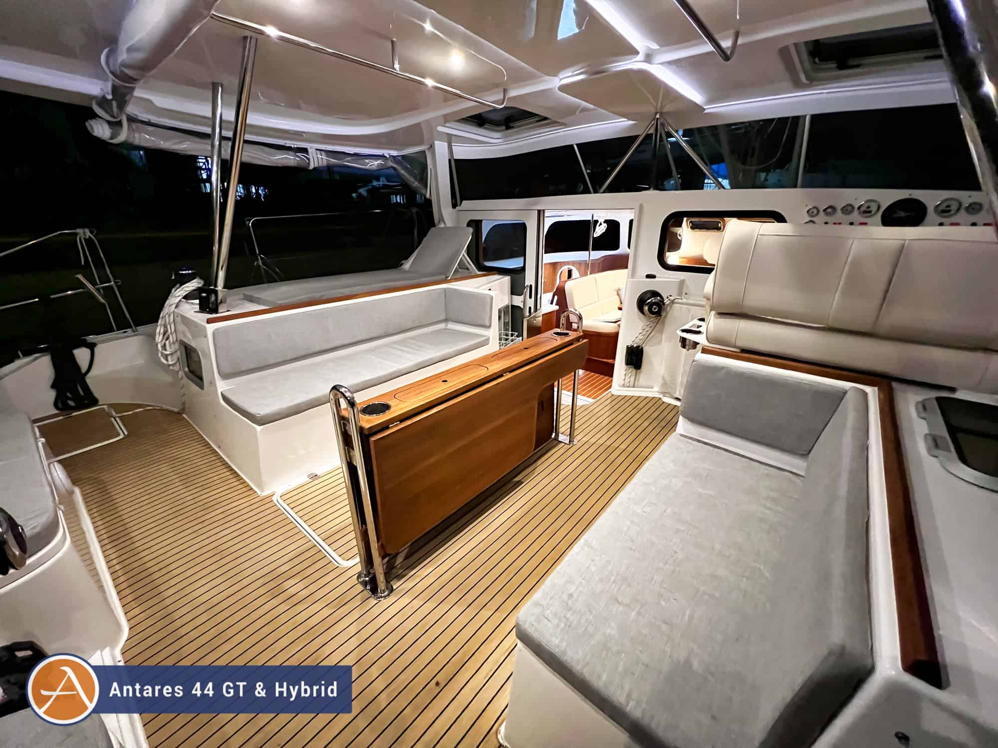 Antares 44 cockpit from stern at night